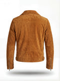 Rear view of tan suede biker jacket showing clean back paneling and adjustable waist tabs. The Atlas by Maverick Jacket.