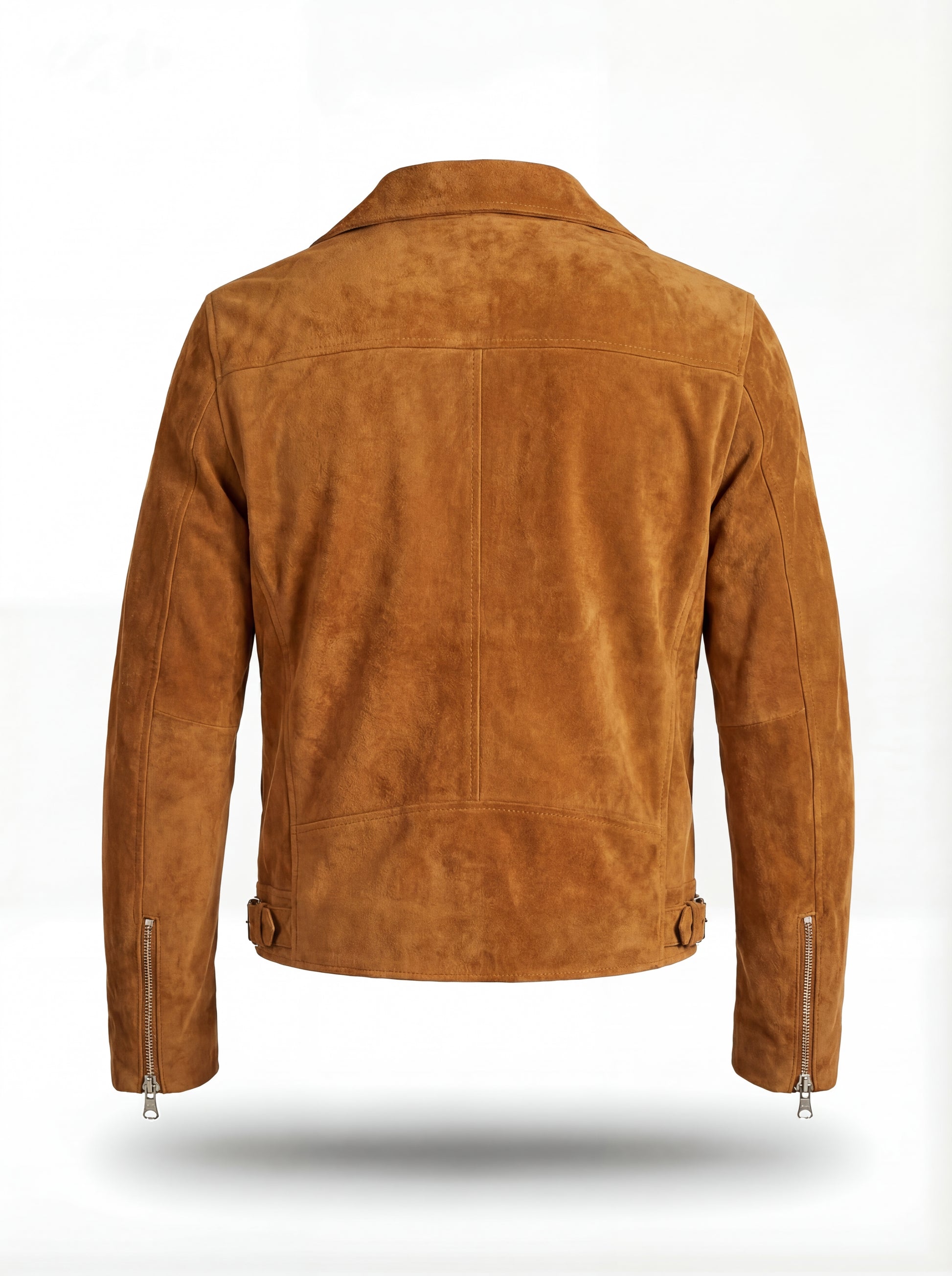 Rear view of tan suede biker jacket showing clean back paneling and adjustable waist tabs. The Atlas by Maverick Jacket.