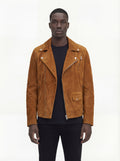 Male model wearing Maverick Atlas suede biker jacket, slim fit, styled with black skinny jeans. Maverick Jacket.