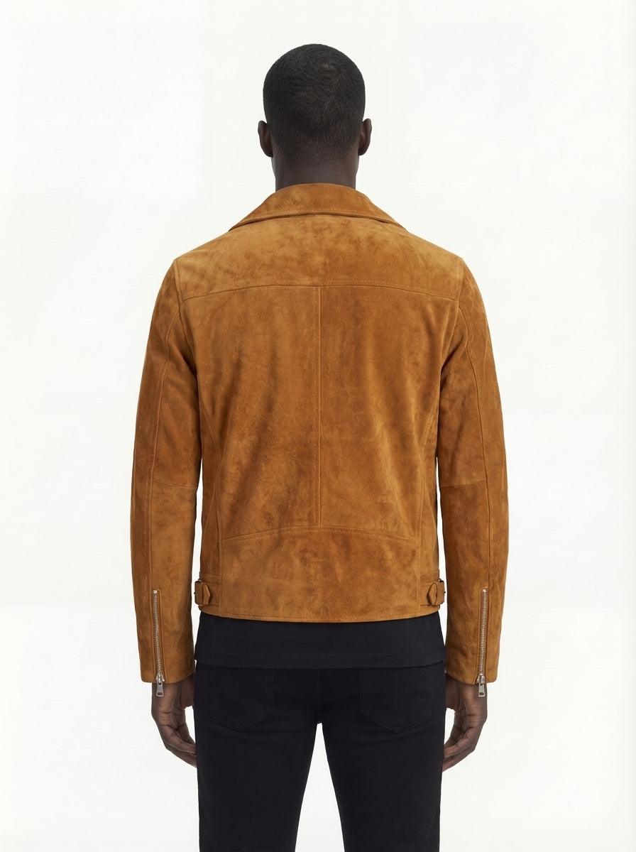 Rear view of male model wearing Maverick Atlas suede biker jacket showing tailored shoulder fit and clean back styling. Maverick Jacket.