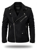 Men's black suede biker jacket with asymmetrical zipper closure and notched lapels, Front View. The Silas by Maverick Jacket.