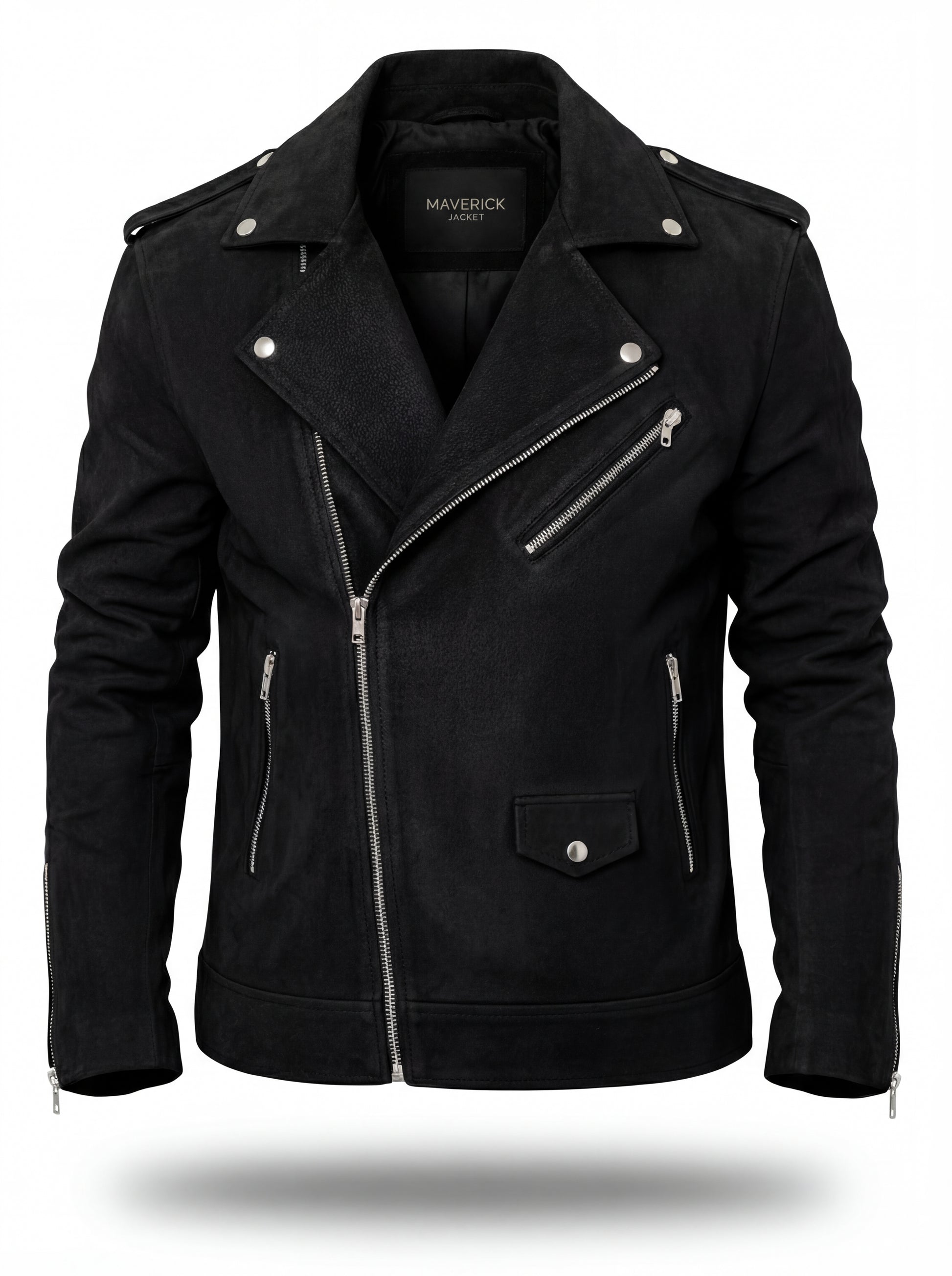 Men's black suede biker jacket with asymmetrical zipper closure and notched lapels, Front View. The Silas by Maverick Jacket.