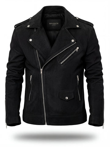 Men's black suede biker jacket with asymmetrical zipper closure and notched lapels, Front View. The Silas by Maverick Jacket.