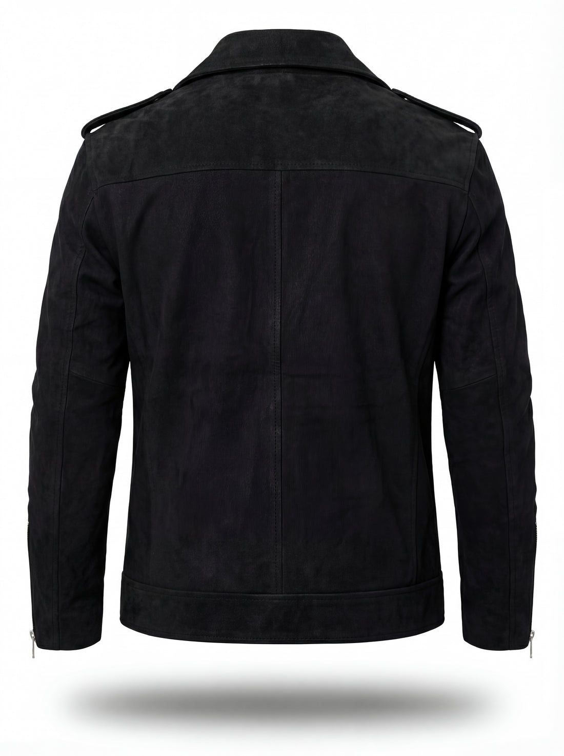 Men's black suede biker jacket with asymmetrical zipper closure and notched lapels, Front View. The Silas by Maverick Jacket.