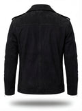 Rear view of black suede biker jacket showing clean back paneling and adjustable waist tabs. The Silas by Maverick Jacket.