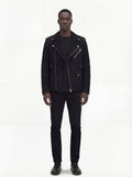 Male model wearing Maverick Silas suede biker jacket, slim fit, styled with black skinny jeans. Maverick Jacket.