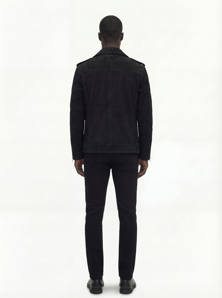 Rear view of male model wearing Maverick Silas suede biker jacket showing tailored shoulder fit and clean back styling. Maverick Jacket.