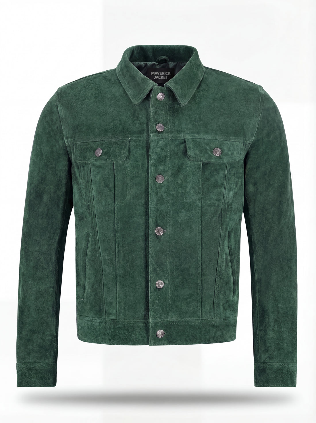 Men's green suede trucker jacket with silver snap buttons and dual chest flap pockets, Front View. The Ranger by Maverick Jacket.