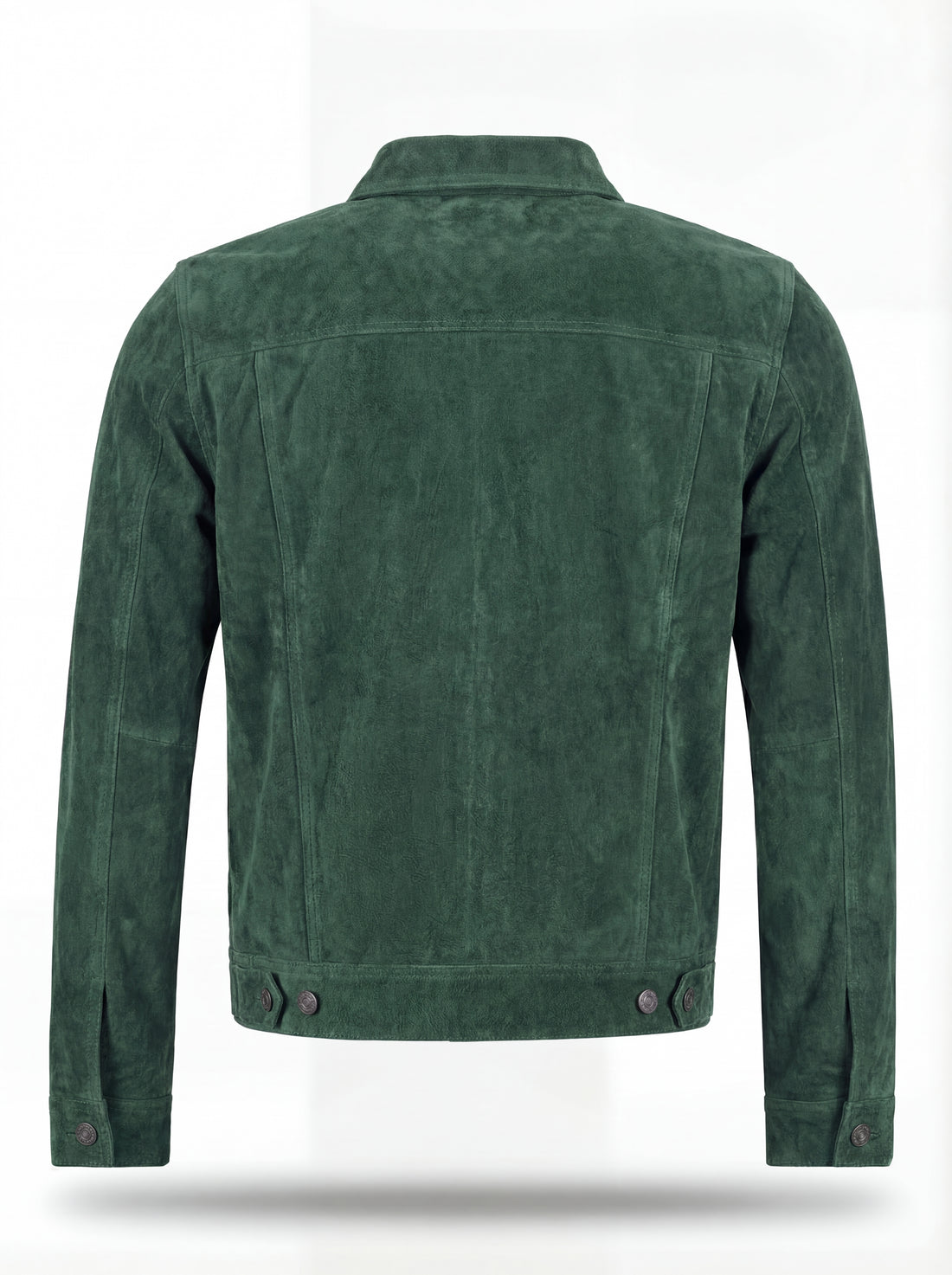 Men's green suede trucker jacket with silver snap buttons and dual chest flap pockets, Front View. The Ranger by Maverick Jacket.