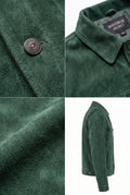 A four-panel collage showing a Maverick Ranger green suede trucker jacket: close-up of a button, collar label reading MAVERICK JACKETS, fabric texture detail, and a full side-view shot of the jacket on a white background.