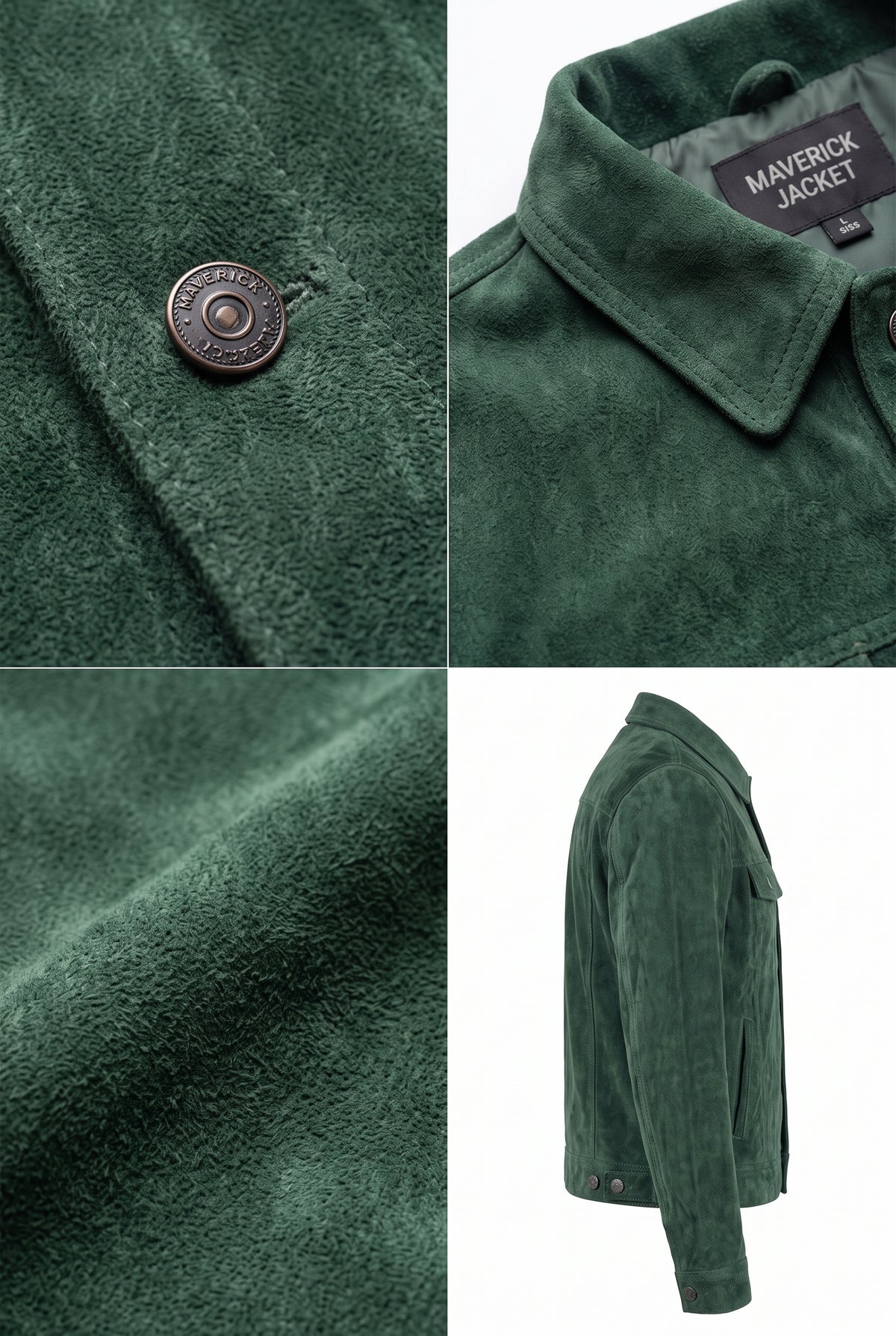 A four-panel collage showing a Maverick Ranger green suede trucker jacket: close-up of a button, collar label reading MAVERICK JACKETS, fabric texture detail, and a full side-view shot of the jacket on a white background.