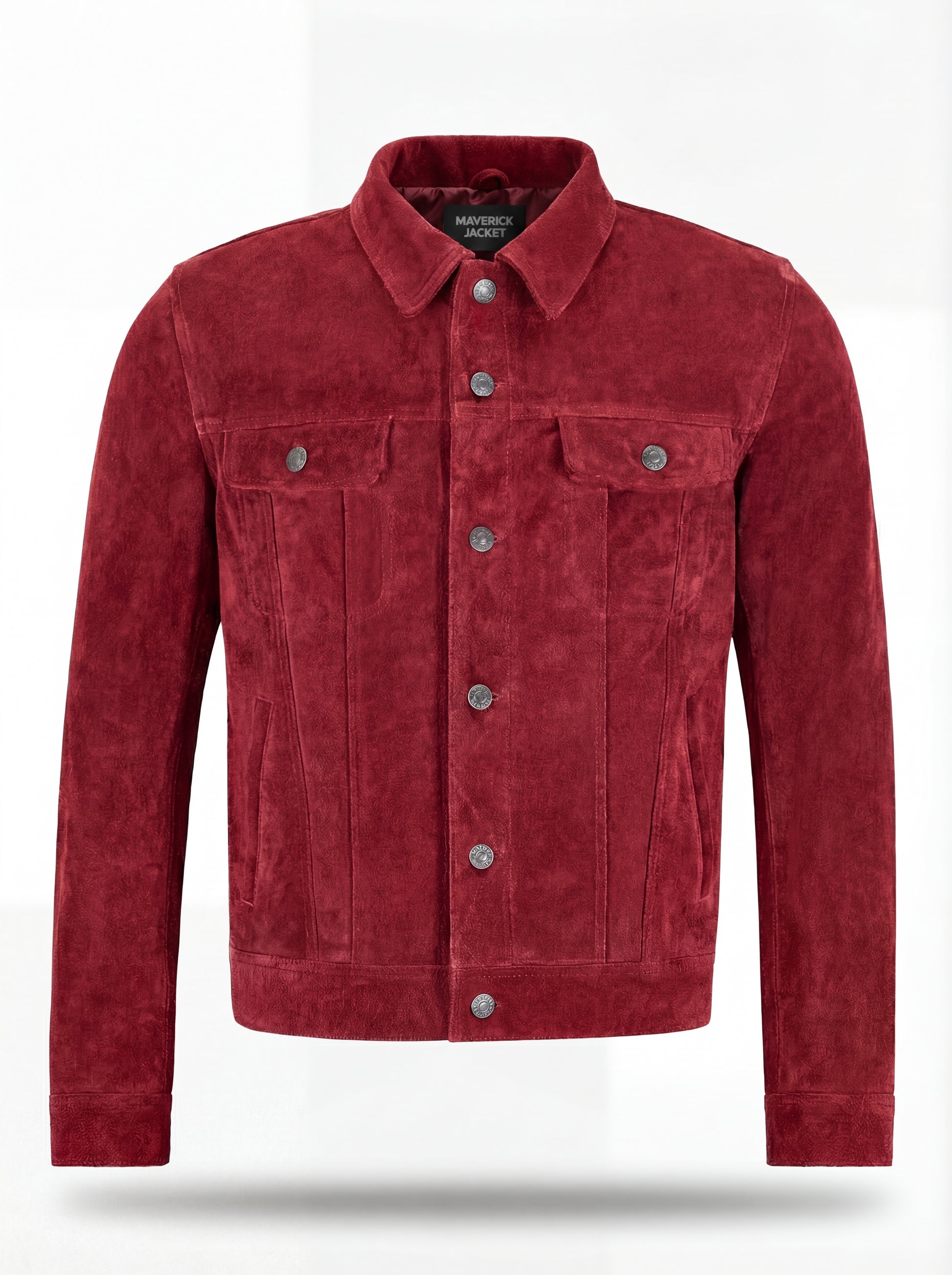 Men's red suede trucker jacket with silver snap buttons and dual chest flap pockets, Front View. The Strider by Maverick Jacket.