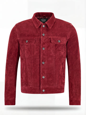 Men's red suede trucker jacket with silver snap buttons and dual chest flap pockets, Front View. The Strider by Maverick Jacket.