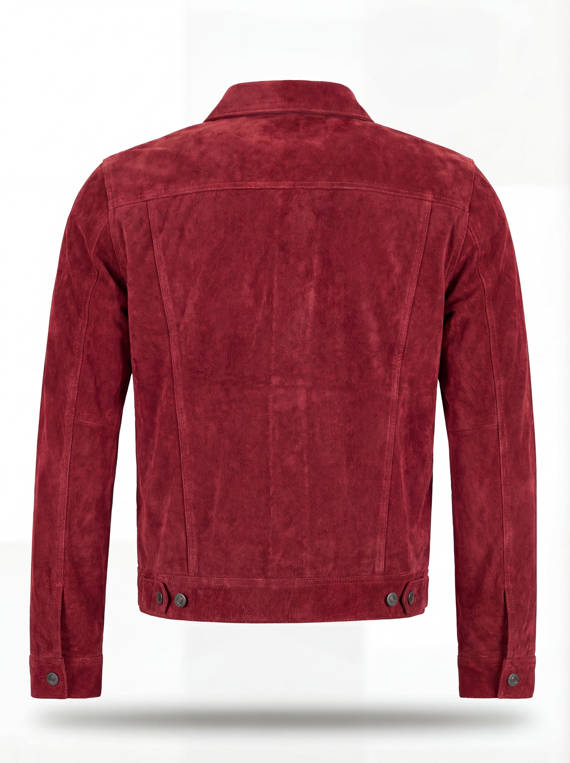 Rear view of red suede trucker jacket showing structured back yoke and adjustable waist tabs. The Strider by Maverick Jacket.