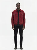 Male model wearing Maverick Strider suede trucker jacket, regular fit, styled with black jeans. Maverick Jacket.