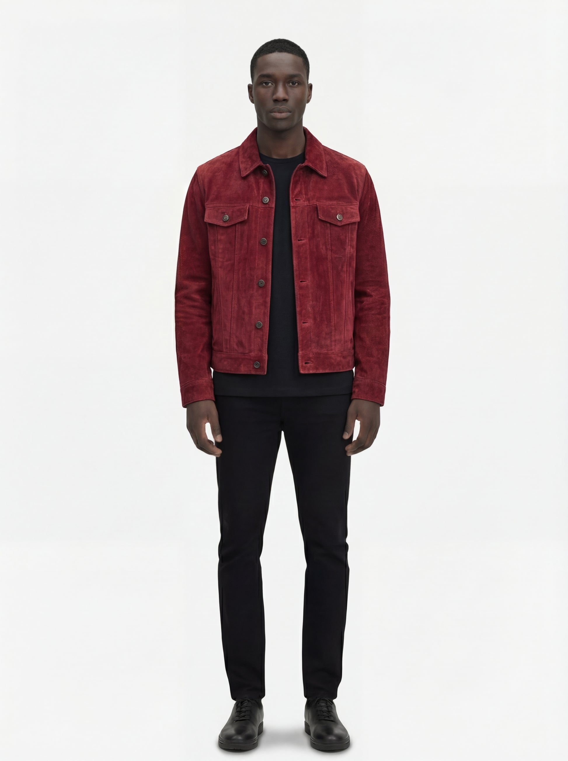 Male model wearing Maverick Strider suede trucker jacket, regular fit, styled with black jeans. Maverick Jacket.