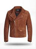 Men's brown suede biker jacket with asymmetrical zipper closure and notched lapels, Front View. The Canyon by Maverick Jacket.