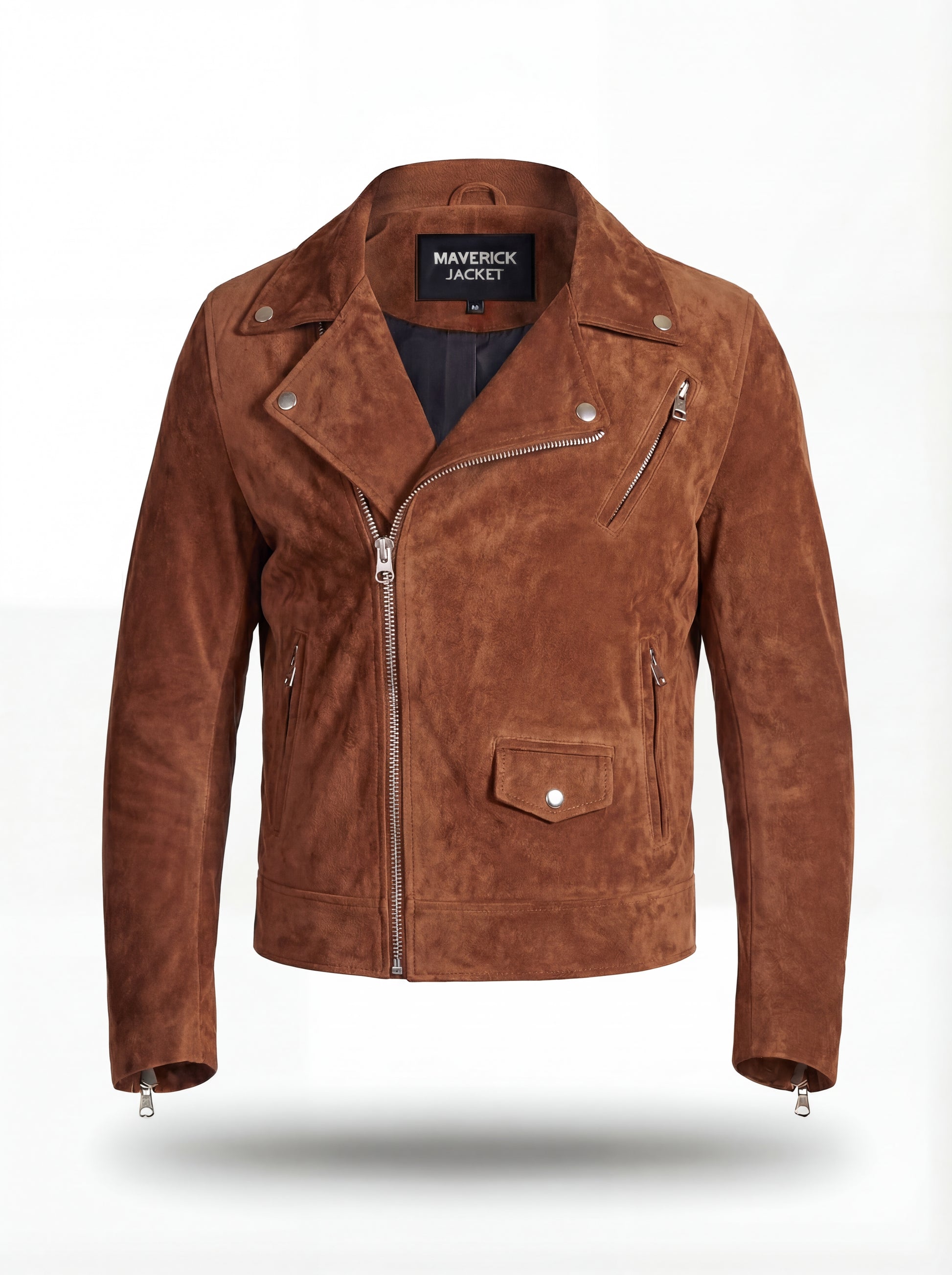 Men's brown suede biker jacket with asymmetrical zipper closure and notched lapels, Front View. The Canyon by Maverick Jacket.