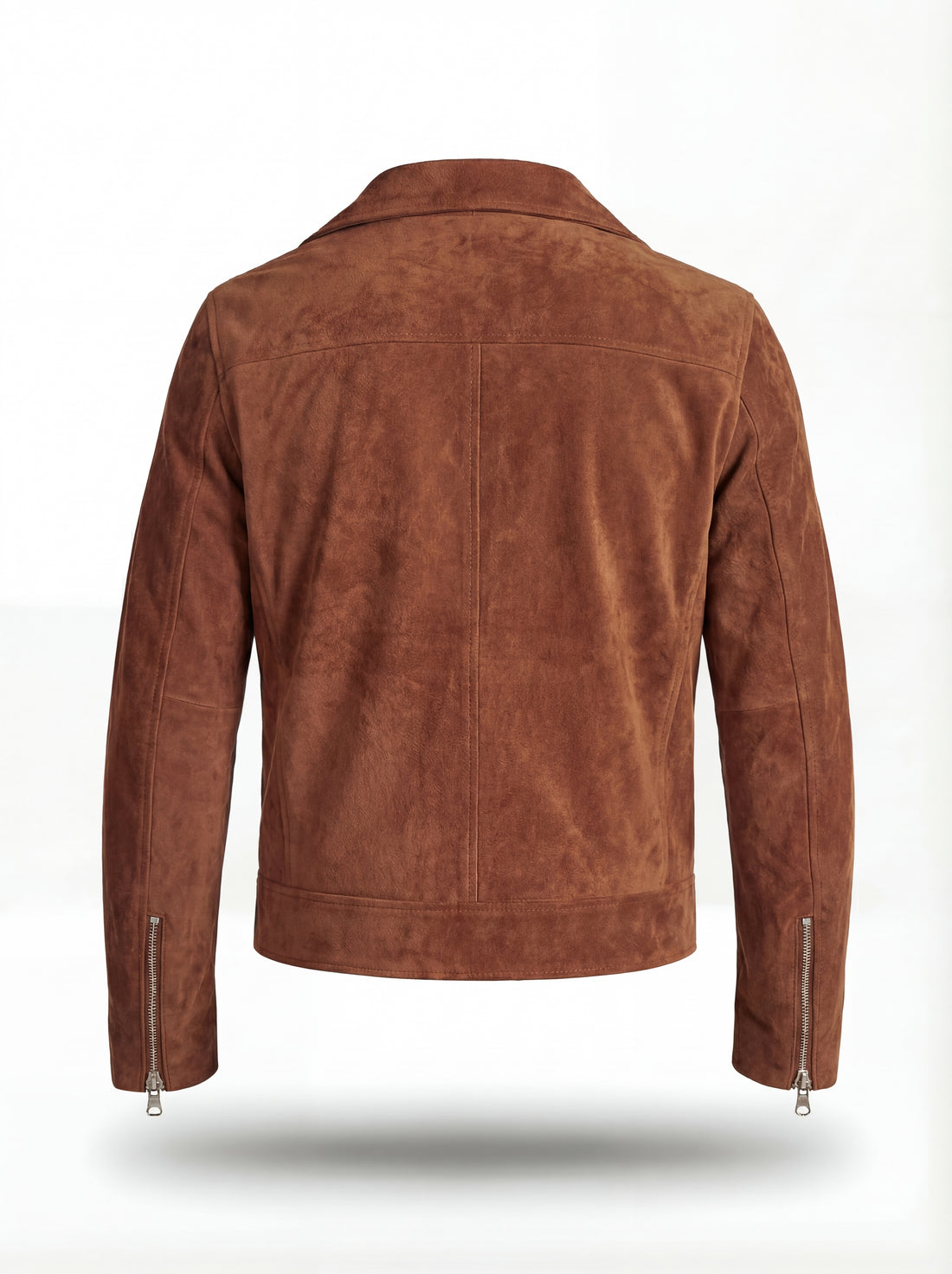 Men's brown suede biker jacket with asymmetrical zipper closure and notched lapels, Front View. The Canyon by Maverick Jacket.