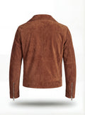 Rear view of brown suede biker jacket showing clean back paneling and adjustable waist tabs. The Canyon by Maverick Jacket.