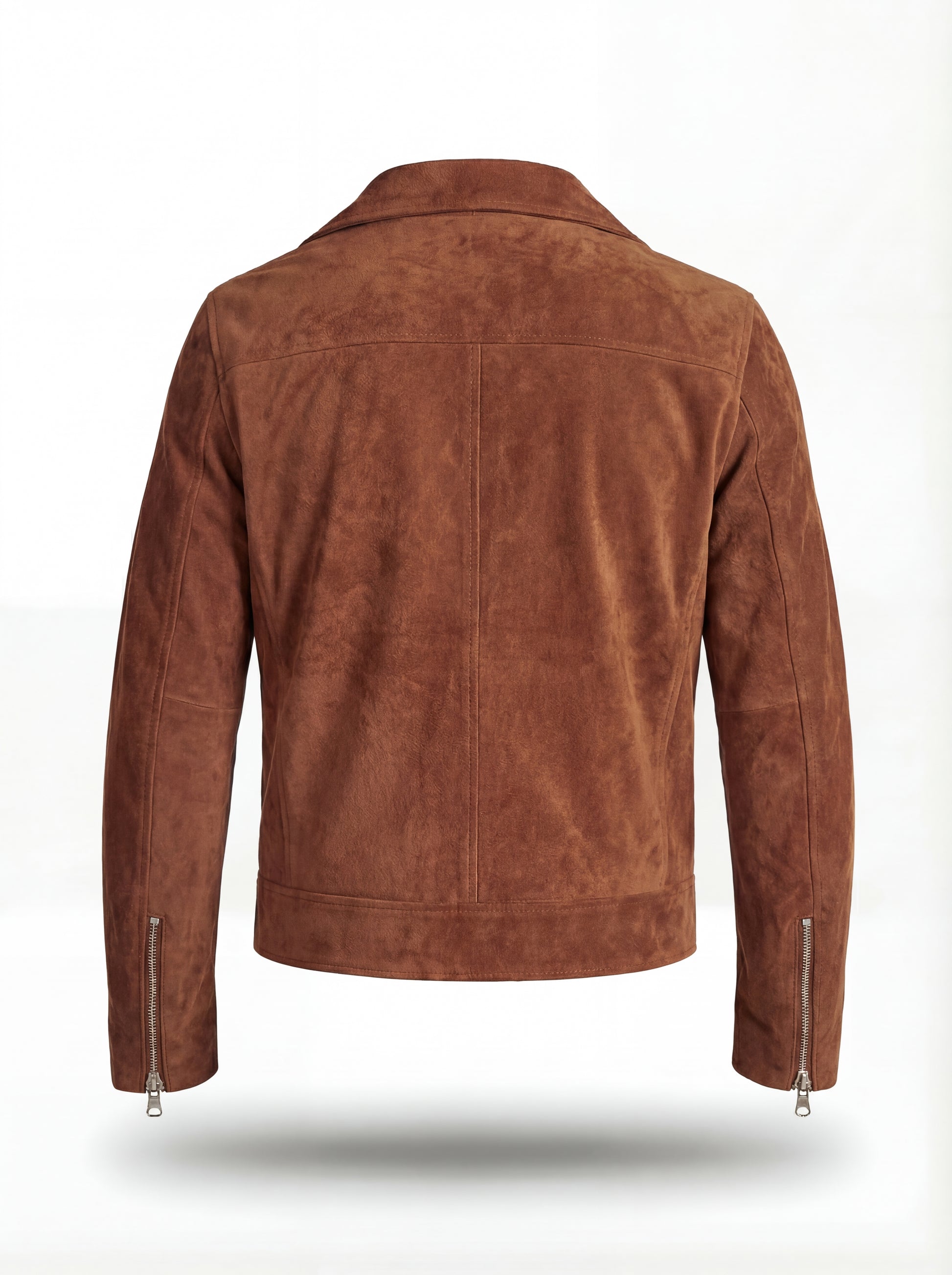 Rear view of brown suede biker jacket showing clean back paneling and adjustable waist tabs. The Canyon by Maverick Jacket.
