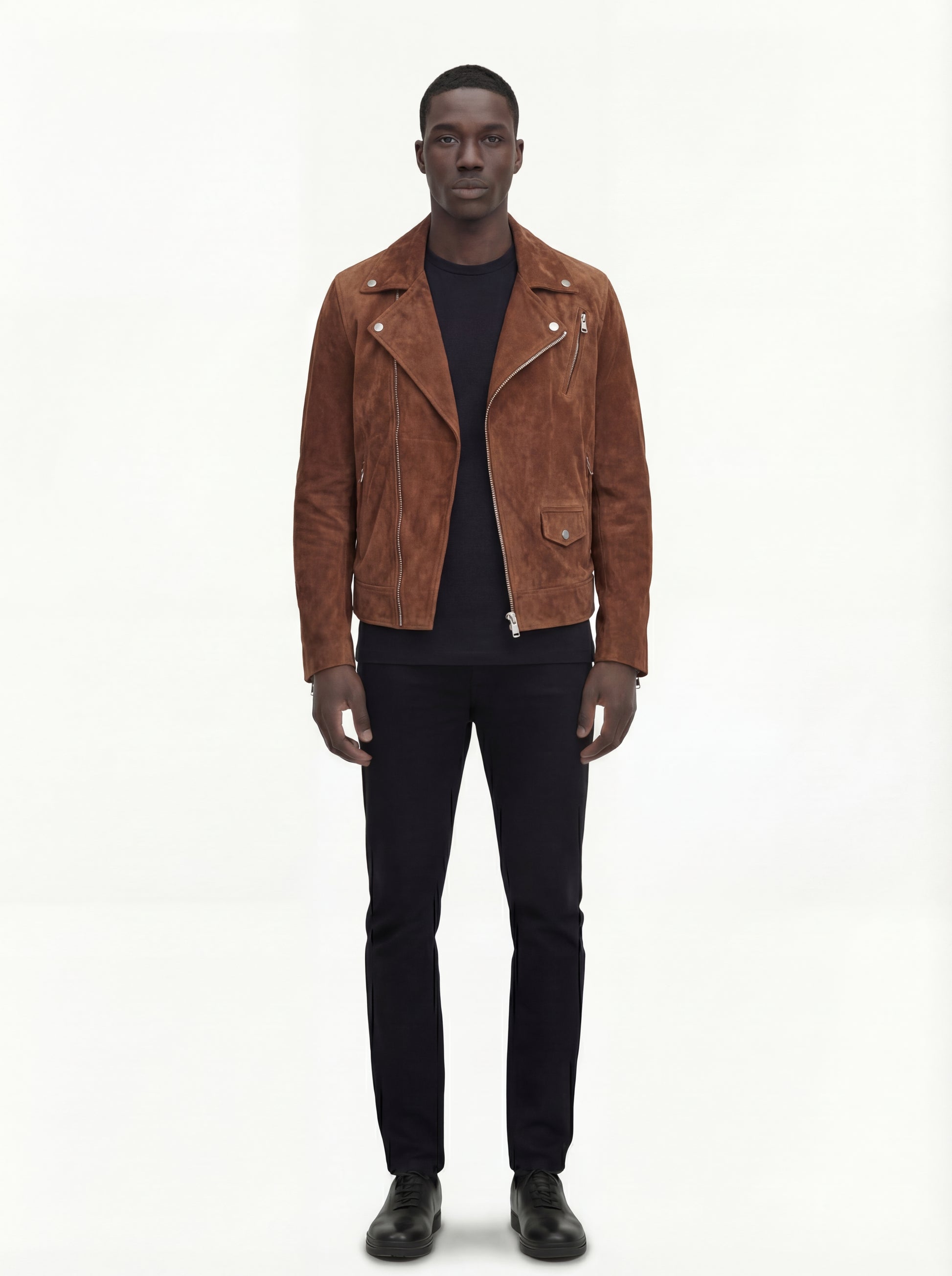 Male model wearing Maverick Canyon suede biker jacket, slim fit, styled with black skinny jeans. Maverick Jacket.