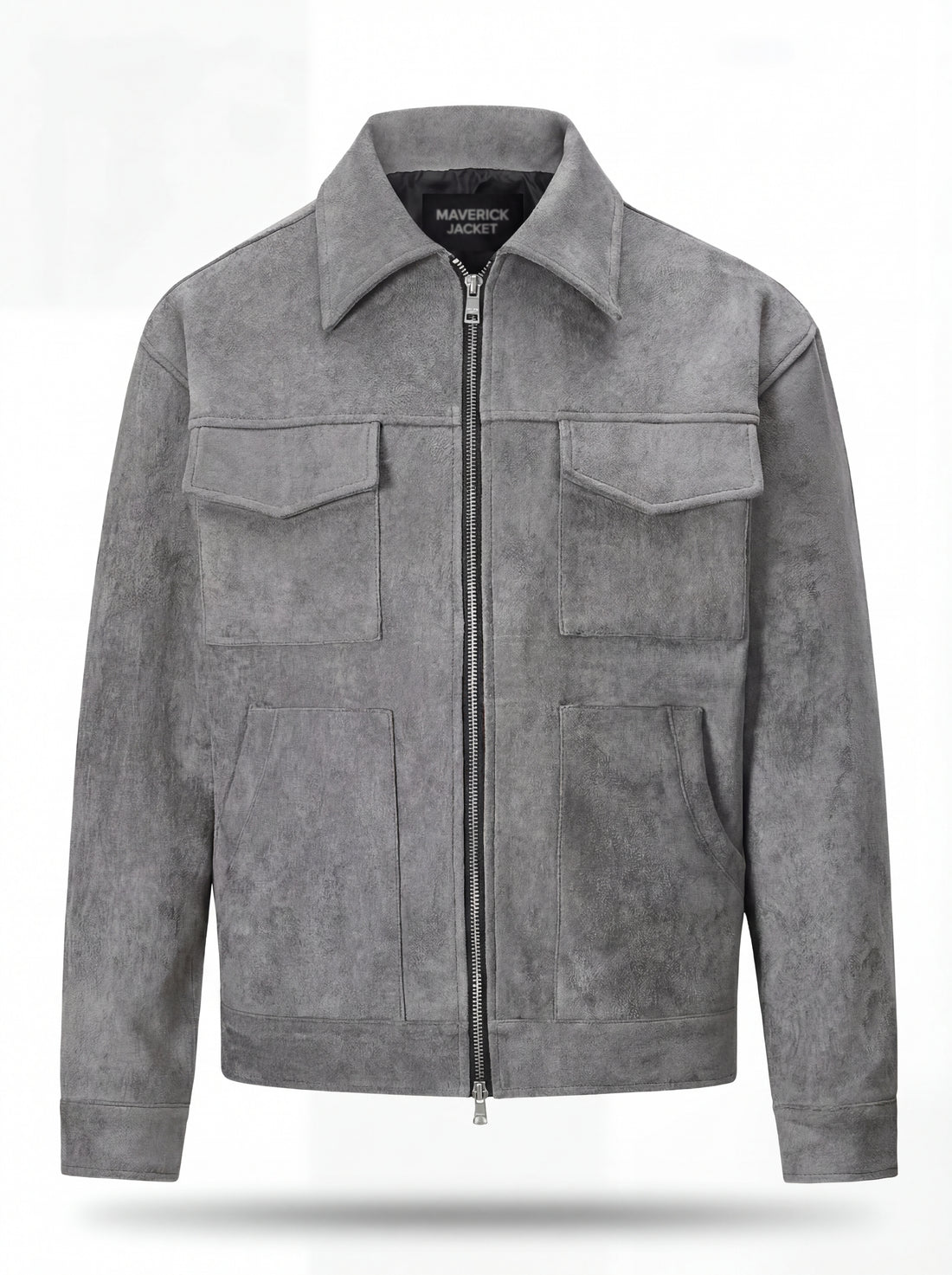 Men's grey suede jacket with silver hardware and structured collar, Front View. The Orbit by Maverick Jacket.