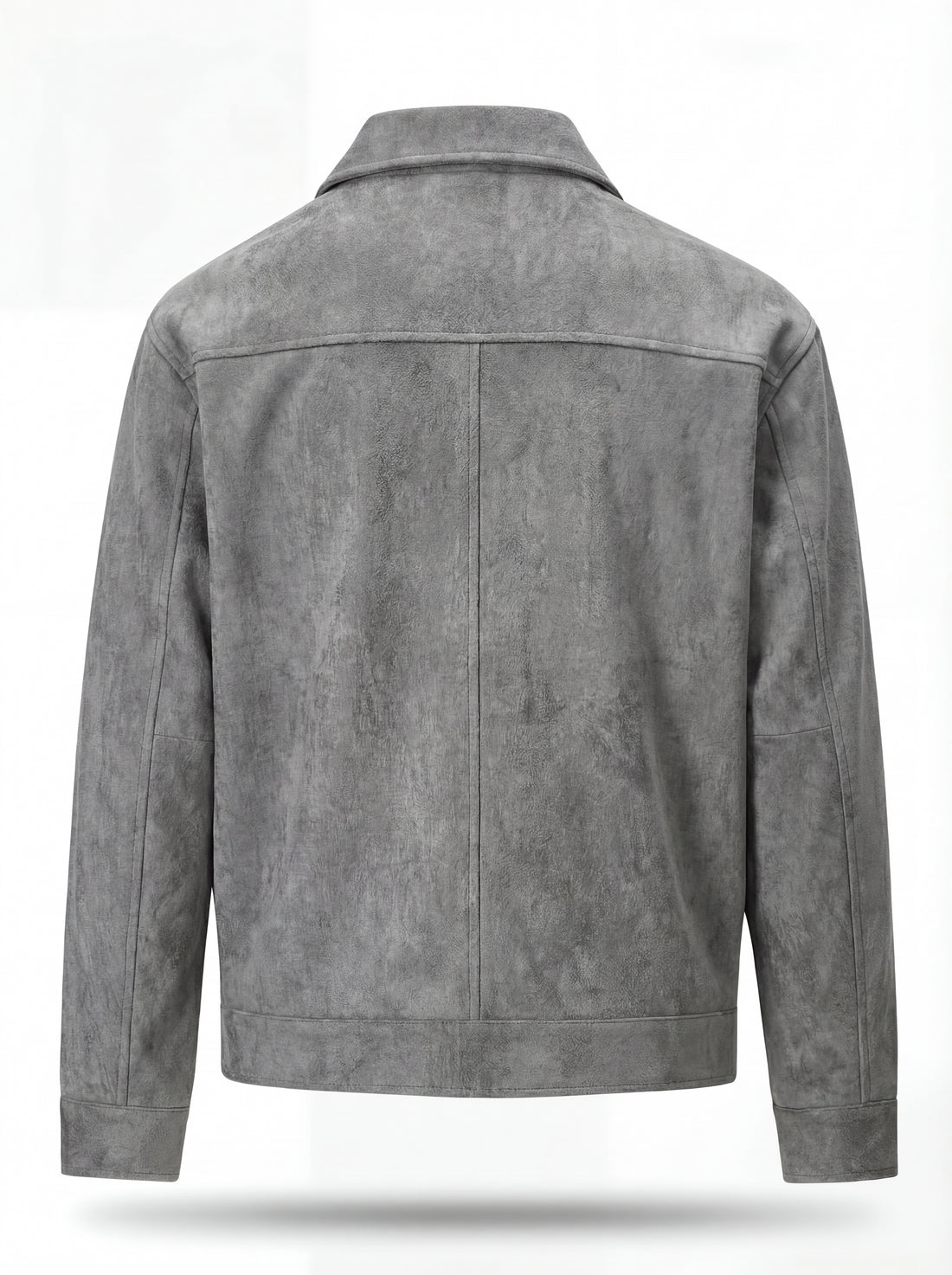 Men's grey suede jacket with silver hardware and structured collar, Front View. The Orbit by Maverick Jacket.