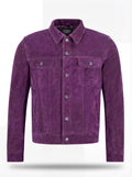 Men's purple suede trucker jacket with silver snap buttons and dual chest flap pockets, Front View. The Prism by Maverick Jacket.