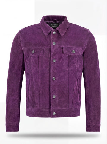 Men's purple suede trucker jacket with silver snap buttons and dual chest flap pockets, Front View. The Prism by Maverick Jacket.
