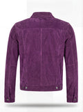 Rear view of purple suede trucker jacket showing structured back yoke and adjustable waist tabs. The Prism by Maverick Jacket.