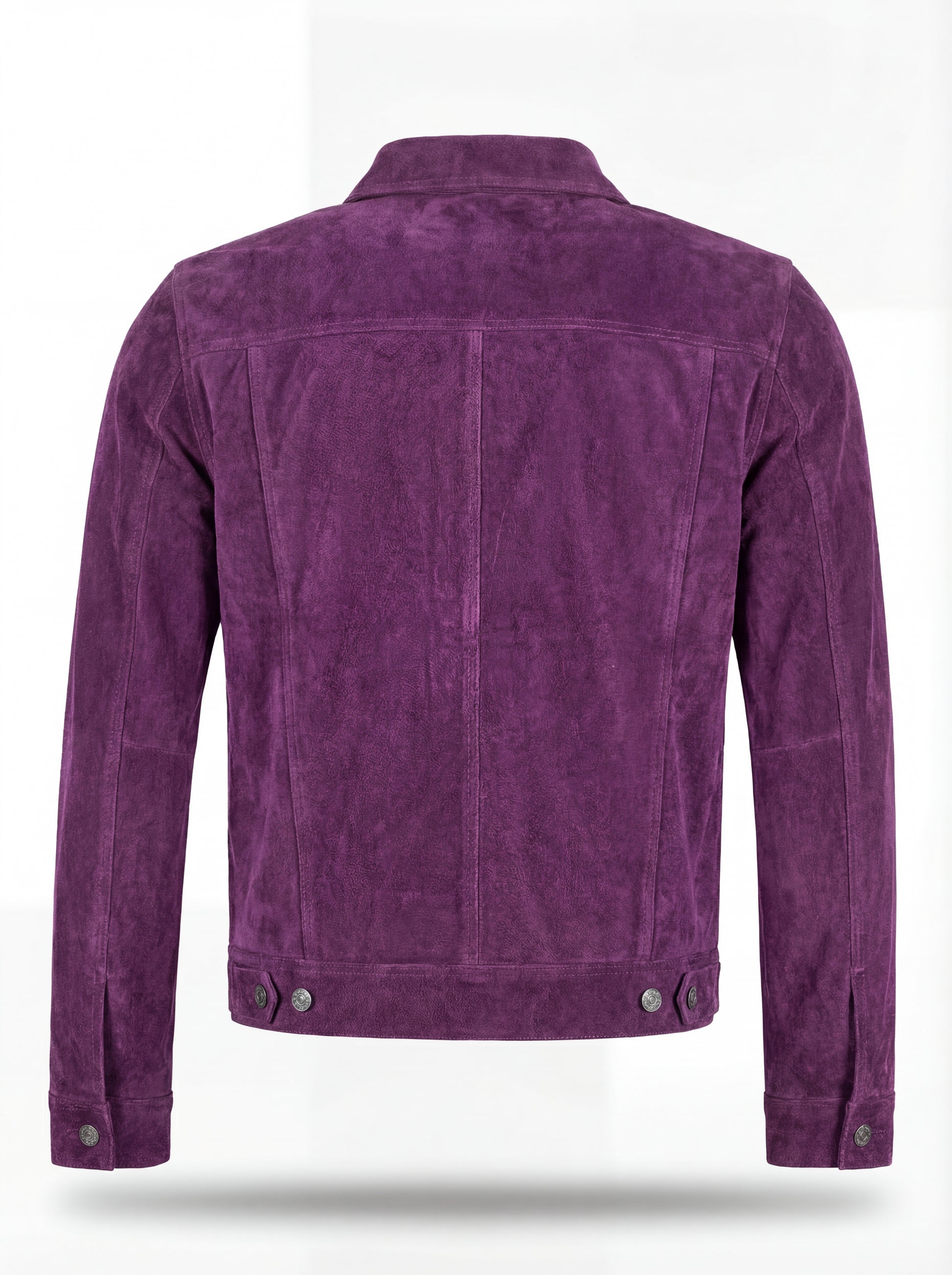 Rear view of purple suede trucker jacket showing structured back yoke and adjustable waist tabs. The Prism by Maverick Jacket.