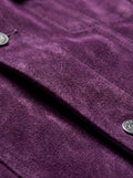 Macro shot of soft purple suede texture and silver hardware detail on trucker jacket. The Prism by Maverick Jacket.