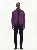 Male model wearing Maverick Prism suede trucker jacket, regular fit, styled with black jeans. Maverick Jacket.