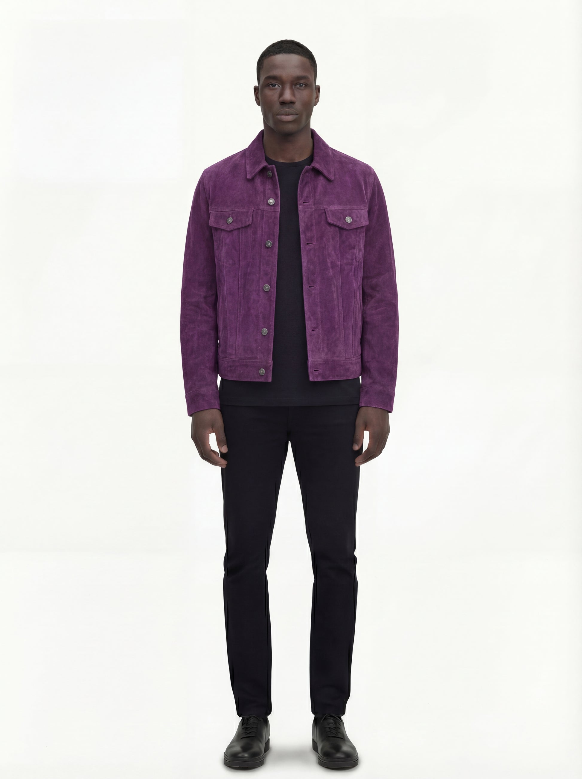 Male model wearing Maverick Prism suede trucker jacket, regular fit, styled with black jeans. Maverick Jacket.