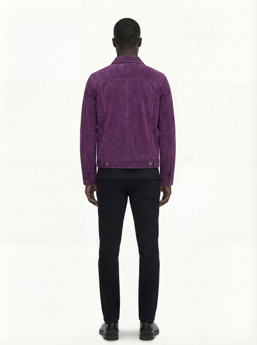 Rear view of male model wearing Maverick Prism suede trucker jacket showing tailored shoulder fit and clean back paneling. Maverick Jacket.