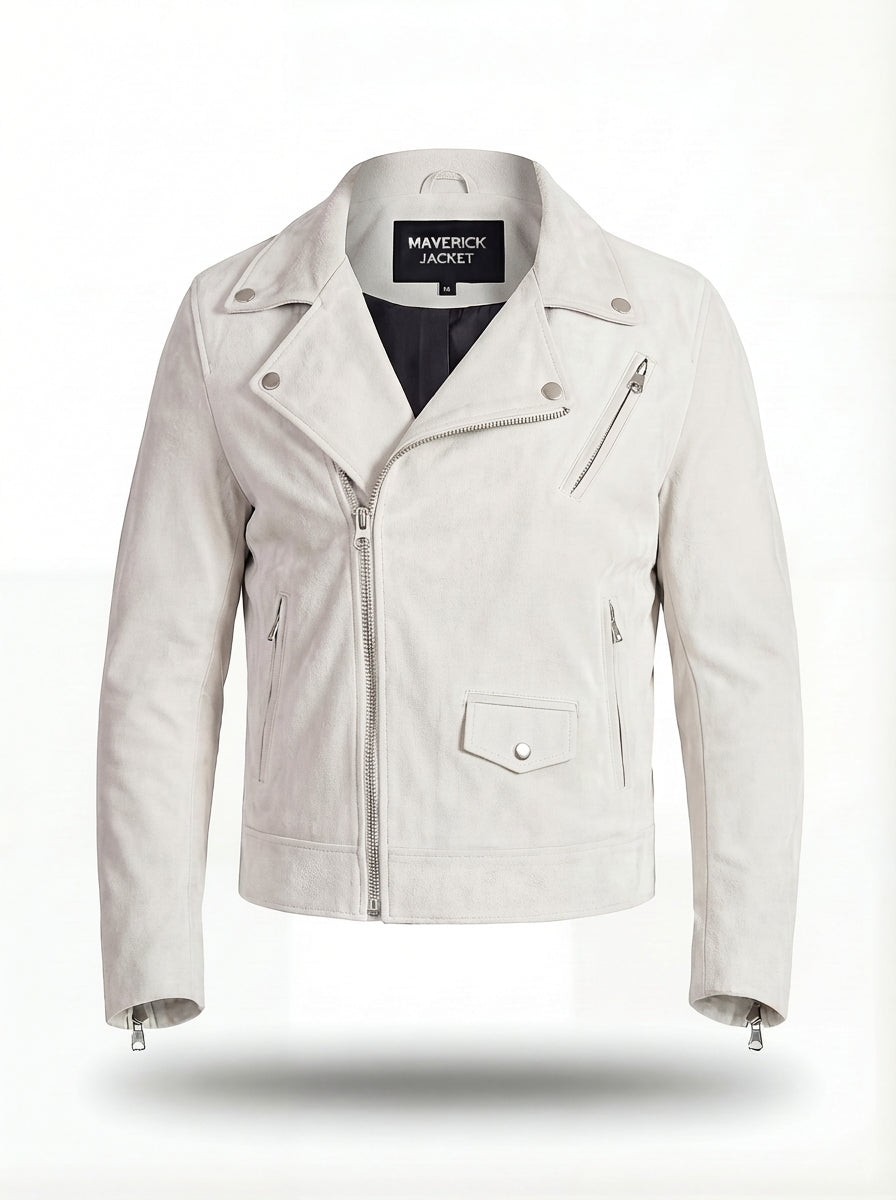 Men's white suede biker jacket with asymmetrical zipper closure and notched lapels, Front View. The Helix by Maverick Jacket.