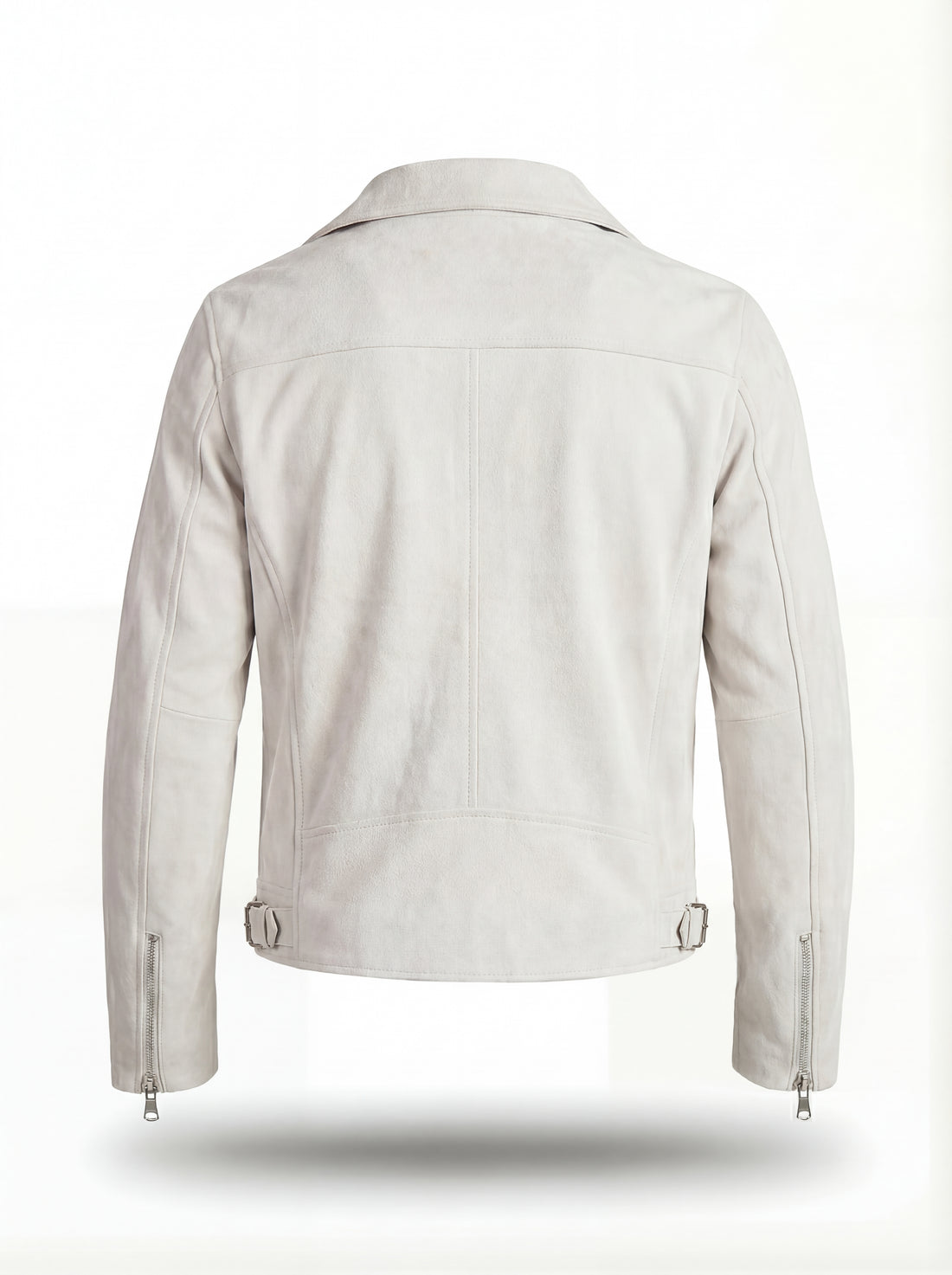 Men's white suede biker jacket with asymmetrical zipper closure and notched lapels, Front View. The Helix by Maverick Jacket.