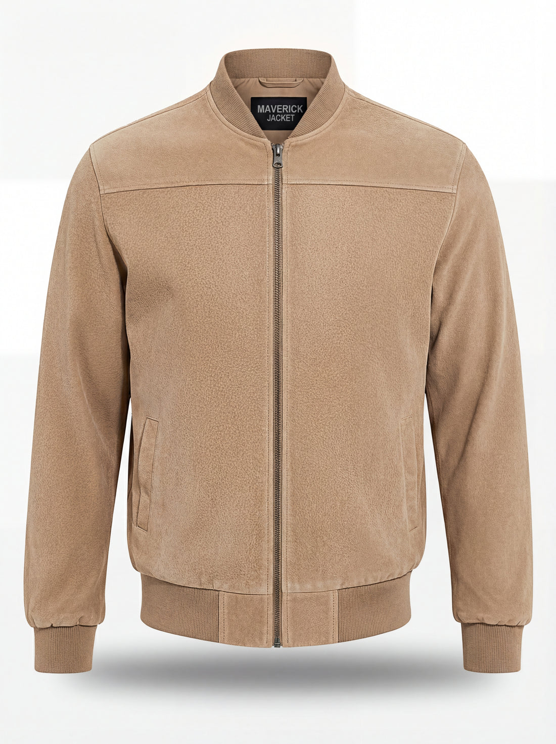 Men's tan suede bomber jacket with ribbed knit collar and cuffs, Front View. The Cian by Maverick Jacket.