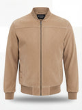 Men's tan suede bomber jacket with ribbed knit collar and cuffs, Front View. The Cian by Maverick Jacket.
