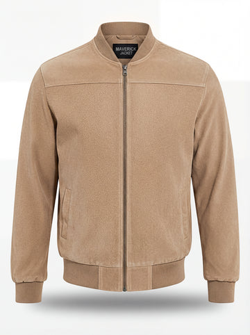 Men's tan suede bomber jacket with ribbed knit collar and cuffs, Front View. The Cian by Maverick Jacket.