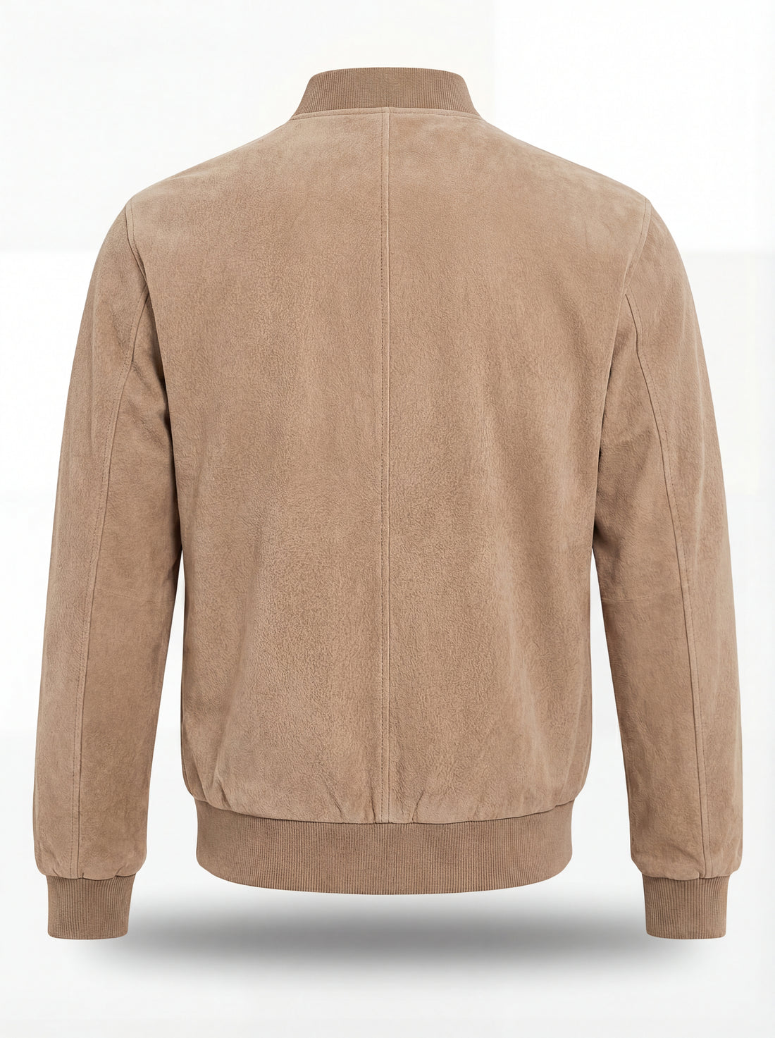 Men's tan suede bomber jacket with ribbed knit collar and cuffs, Front View. The Cian by Maverick Jacket.