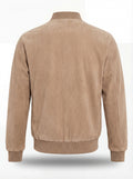 Rear view of tan suede bomber jacket showing clean back paneling and ribbed hem. The Cian by Maverick Jacket.