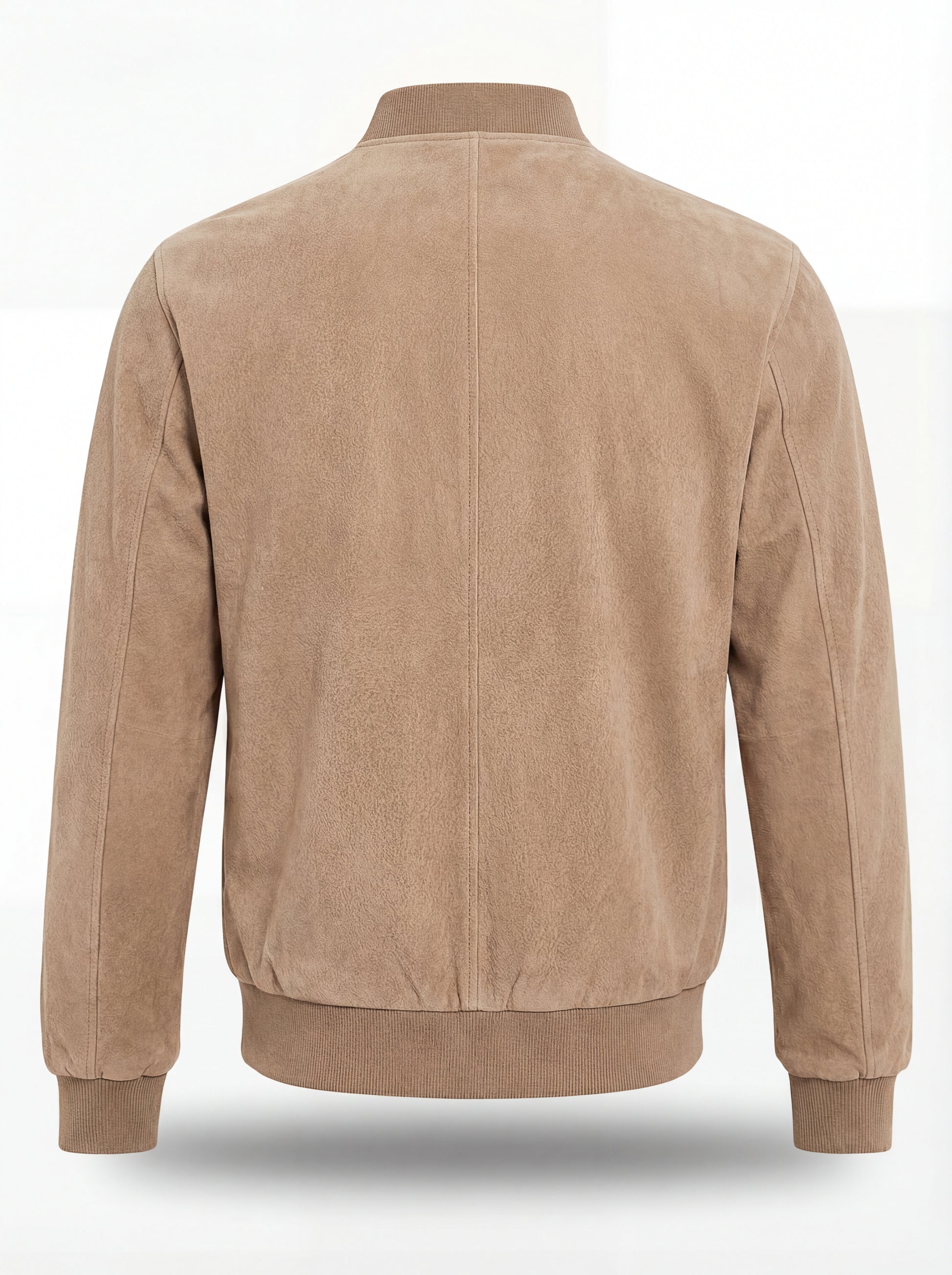 Rear view of tan suede bomber jacket showing clean back paneling and ribbed hem. The Cian by Maverick Jacket.