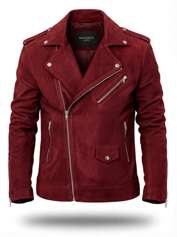 Men's burgundy suede biker jacket with asymmetrical zipper closure and notched lapels, Front View. The Ecliptic by Maverick Jacket.