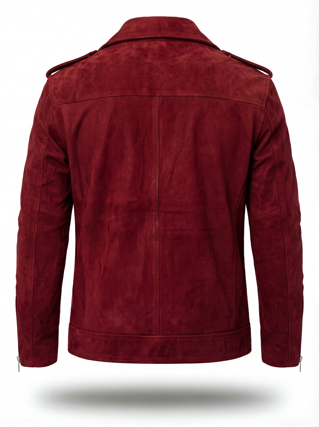 Men's burgundy suede biker jacket with asymmetrical zipper closure and notched lapels, Front View. The Ecliptic by Maverick Jacket.