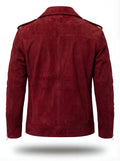 Rear view of burgundy suede biker jacket showing clean back paneling and adjustable waist tabs. The Ecliptic by Maverick Jacket.