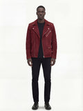 Male model wearing Maverick Ecliptic suede biker jacket, slim fit, styled with black skinny jeans. Maverick Jacket.