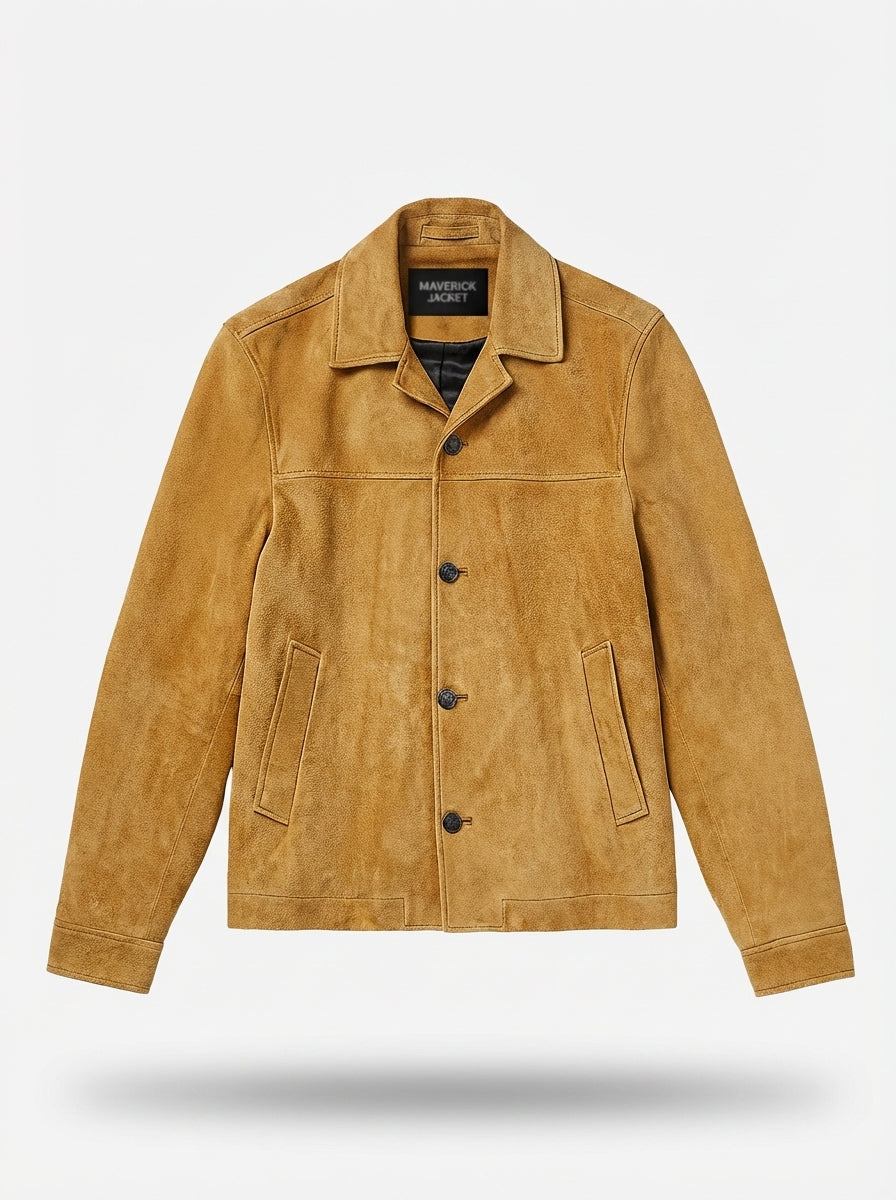 Men's camel suede trucker jacket with silver snap buttons and dual chest flap pockets, Front View. The Horizon by Maverick Jacket.
