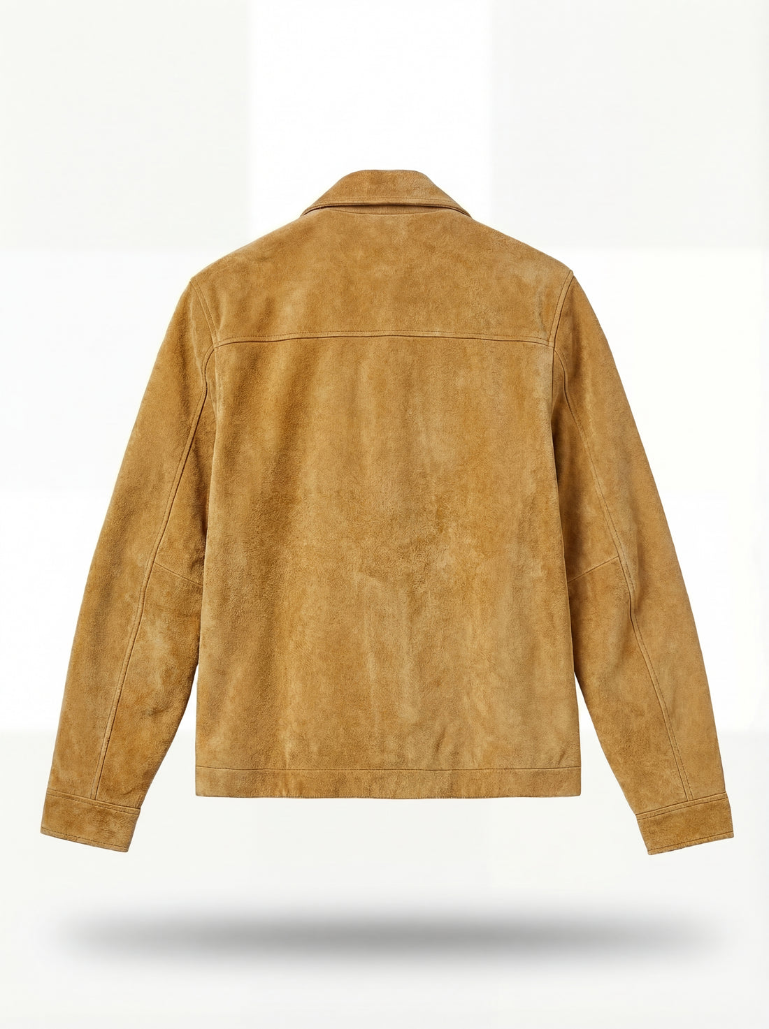 Men's camel suede trucker jacket with silver snap buttons and dual chest flap pockets, Front View. The Horizon by Maverick Jacket.